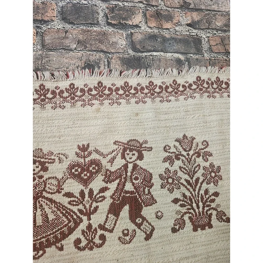Woven Table Runner Bavarian Dancers Folk Art Cotton Linen 14x37 in Red